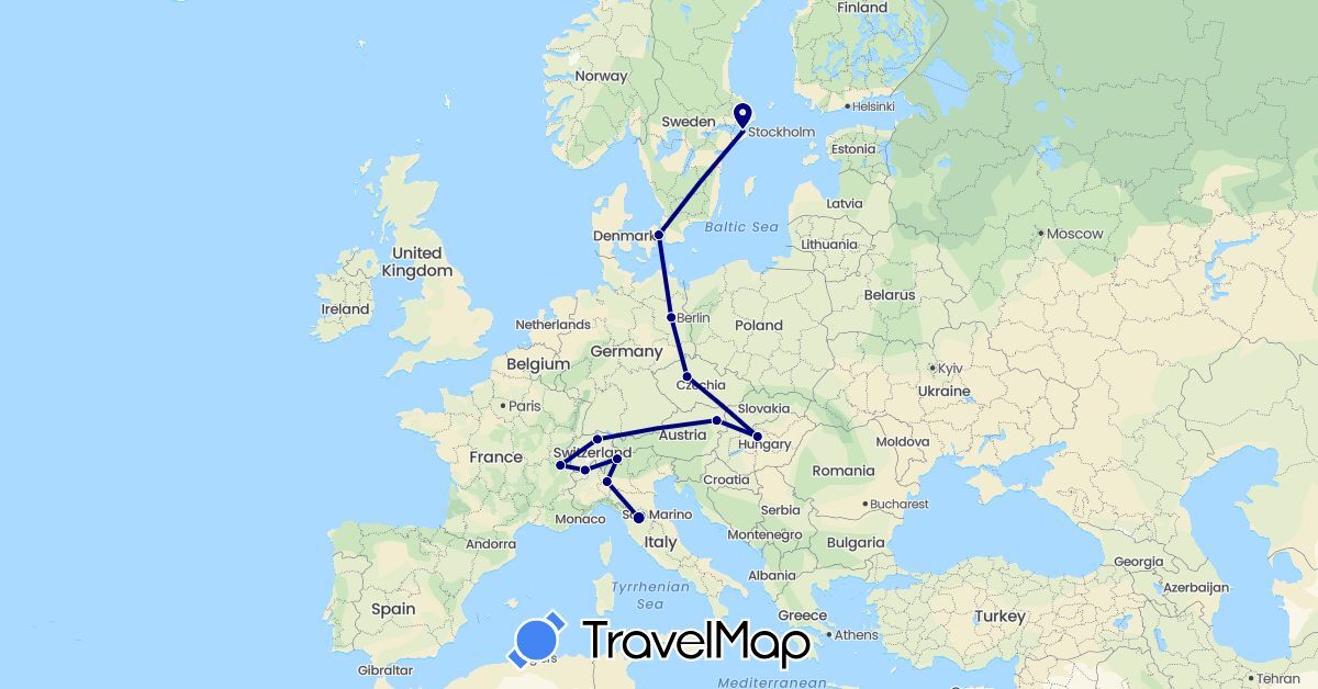 TravelMap itinerary: driving in Austria, Switzerland, Czech Republic, Germany, Denmark, Hungary, Italy, Sweden (Europe)